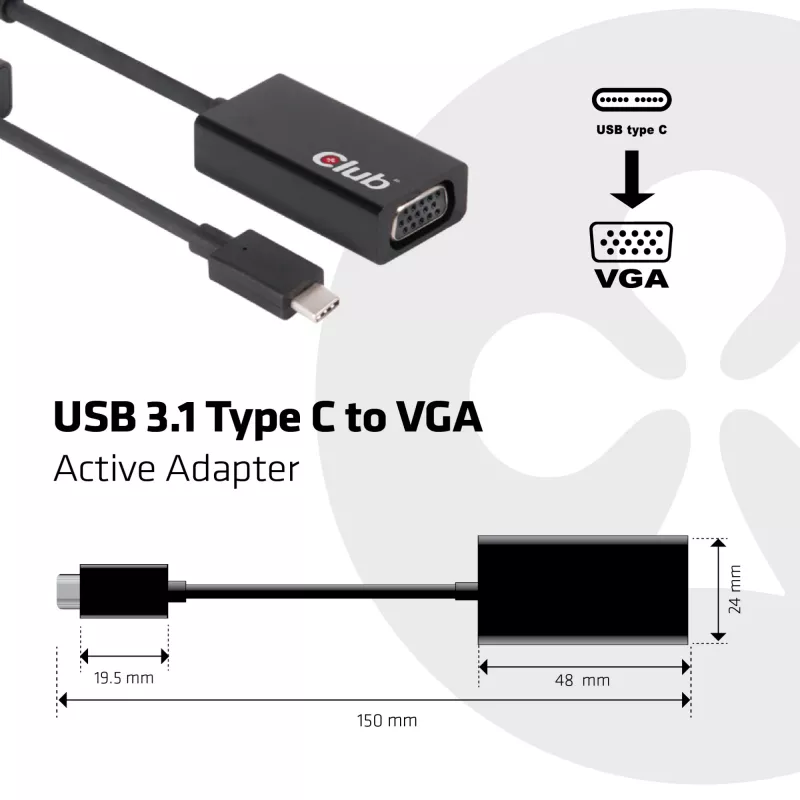 USB 3.1 Type C į VGA aktyvus adapteris CLUB3D CAC-1502