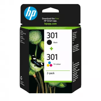 HP 301 2 vnt. rinkinys Juoda/Spalvota originalios rašalo kasetės, Juoda, Žydra, Purpurinė, Geltona, Pigmentinis rašalas, 2 vnt., 170 puslapių
