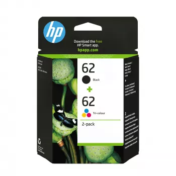 HP 62 2 vnt. juodos/spalvotos originalios kasetės, juoda, žydra, purpurinė, geltona, pigmentinis rašalas, 2 vnt., 200 puslapių