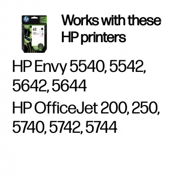HP 62 2 vnt. juodos/spalvotos originalios kasetės, juoda, žydra, purpurinė, geltona, pigmentinis rašalas, 2 vnt., 200 puslapių