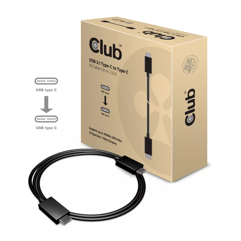 CLUB3D USB 3.2 Gen 2 Type-C laidas – vaizdas 4K 60Hz, duomenys 10Gbps, įkrovimas 100W, 1m, M/F