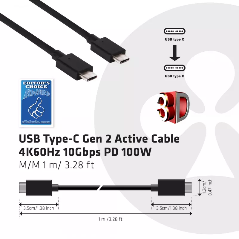 CLUB3D USB 3.2 Gen 2 Type-C laidas – vaizdas 4K 60Hz, duomenys 10Gbps, įkrovimas 100W, 1m, M/F