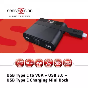 CLUB3D USB Type C į VGA + USB 3.0 + USB Type C įkrovimo mini dokas
