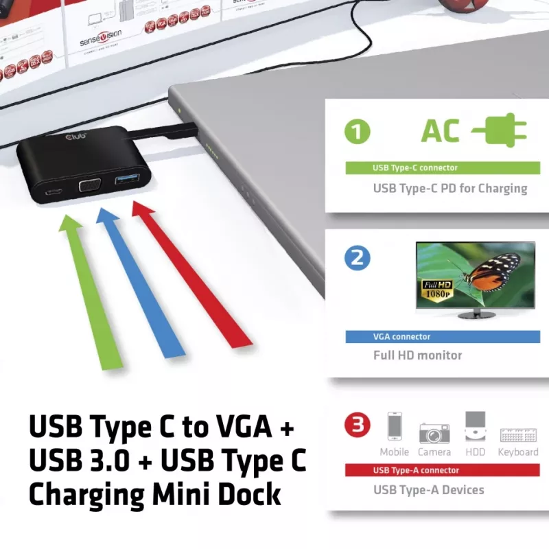 CLUB3D USB Type C į VGA + USB 3.0 + USB Type C įkrovimo mini dokas