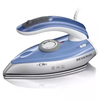 Sausas ir garinis lygintuvas SEVERIN BA 3234, 1000 W, nerūdijančio plieno padas, 0,05 L vandens bakelis, dviguba įtampa, vertikalus garas, mėlyna/sidabrinė