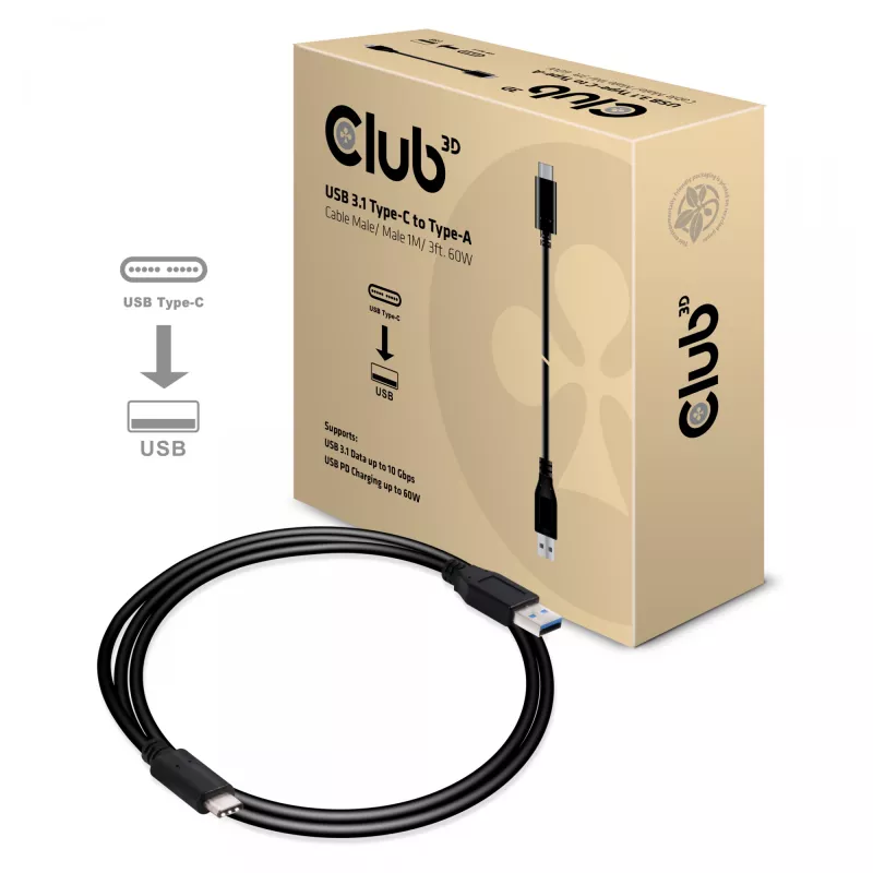 Club 3D CAC-1523 USB-C į USB-A kabelis, USB 3.1 Gen 2, 10 Gbps, PD 60 W, kištukas/kištukas, 1 m, juodas