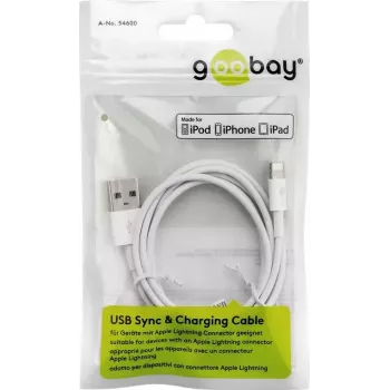 Įkrovimo ir sinchronizavimo kabelis GOOBAY Lightning į USB A 1 m, 5W / 1A, baltas