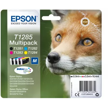 Epson Fox Multipack 4 spalvų T1285 DURABrite Ultra rašalas, juoda, žydra, purpurinė, geltona, 5,9 ml, 3,5 ml, 1 vnt., multipaketas