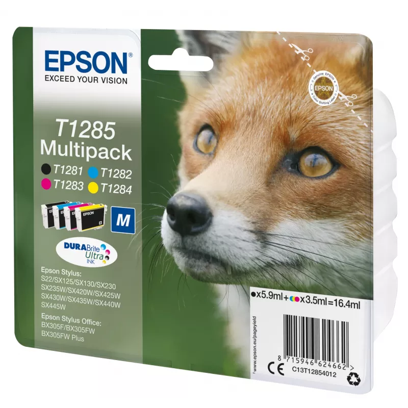 Epson Fox Multipack 4 spalvų T1285 DURABrite Ultra rašalas, juoda, žydra, purpurinė, geltona, 5,9 ml, 3,5 ml, 1 vnt., multipaketas