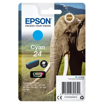 Epson Elephant Singlepack Cyan 24 Claria Photo HD rašalas, standartinė talpa, ciandas, dažų pagrindu, 4,6 ml, 1 vnt., 360 puslapių