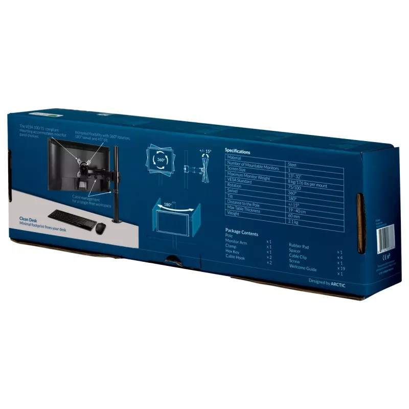 ARCTIC Z1 Basic – stalo laikiklis monitoriui, spaustuvas, 8 kg, 33 cm (13 col.), 81,3 cm (32 col.), 100 x 100 mm, juodas