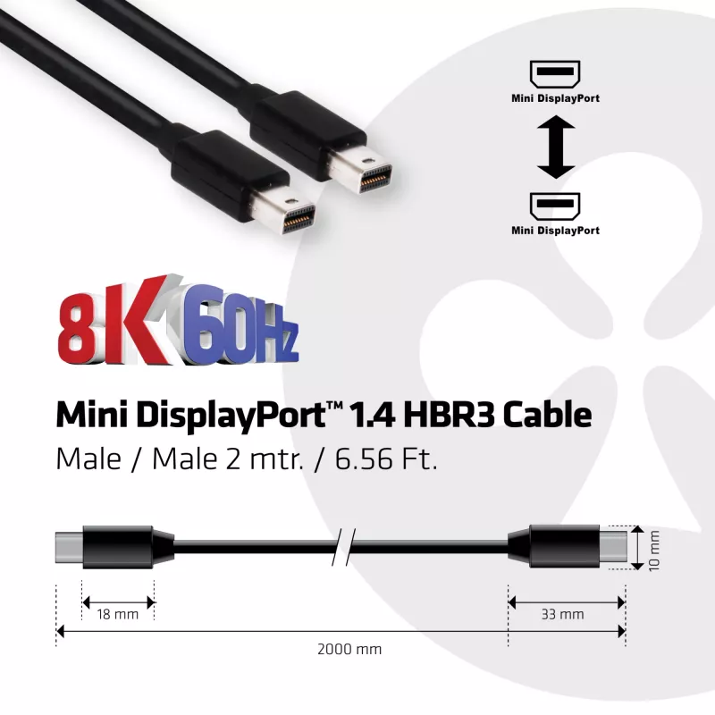 Club 3D CAC-1164 Mini DisplayPort 1.4 kabelis, HBR3, 8K60Hz, kištukas/kištukas, 2 m, juodas