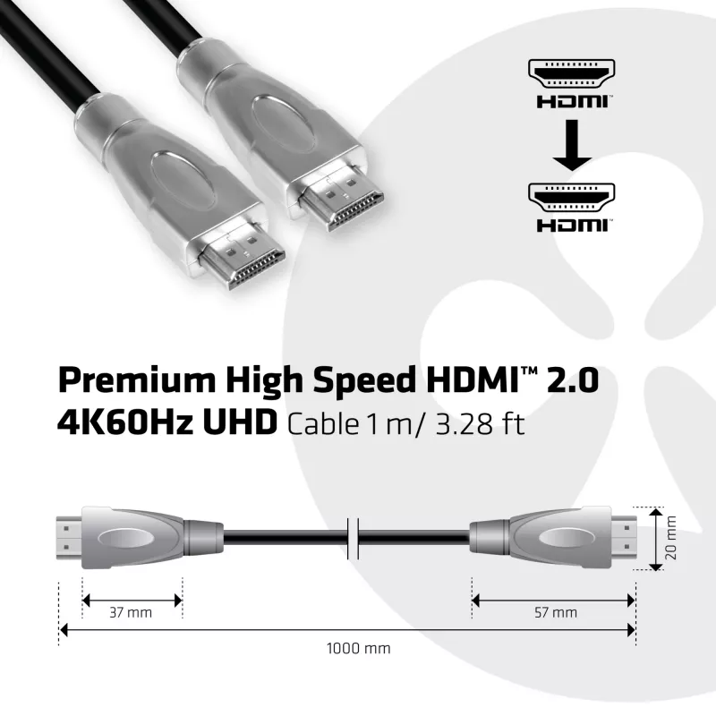 Club 3D CAC-1311 Premium High Speed HDMI 2.0 kabelis, 4K60Hz, kištukas/kištukas, 1 m, juodas