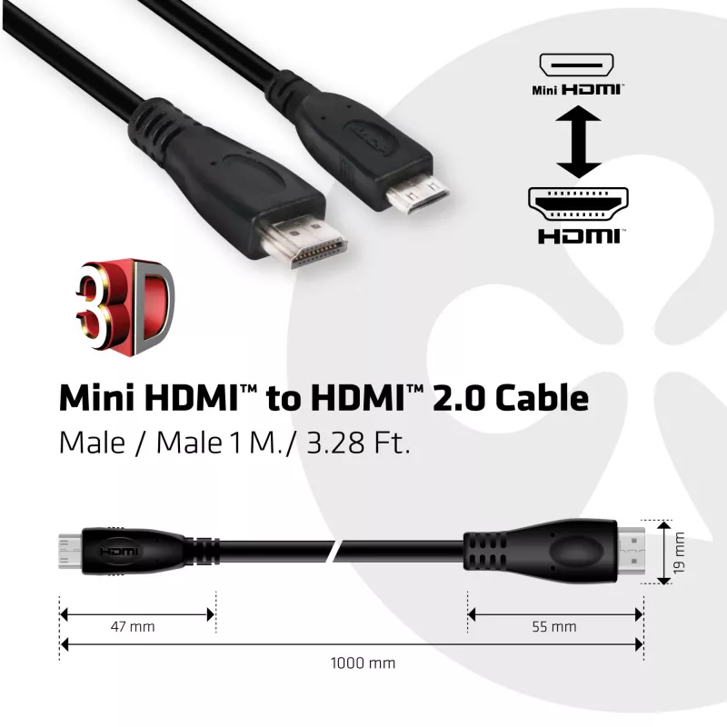 Club 3D CAC-1350 Mini HDMI į HDMI 2.0 kabelis, 4K60Hz, kištukas/kištukas, 1 m, juodas