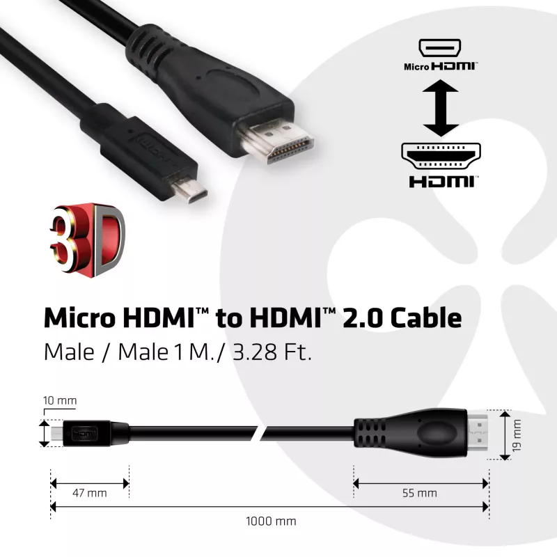 CLUB3D Micro HDMI™ į HDMI™ 2.0 4K60Hz laidas 1 m