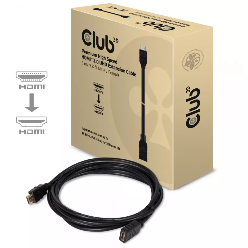 Club 3D CAC-1321 High Speed HDMI 2.0 ilginamasis kabelis, 4K60Hz, kištukas/lizdas, 3 m, juodas