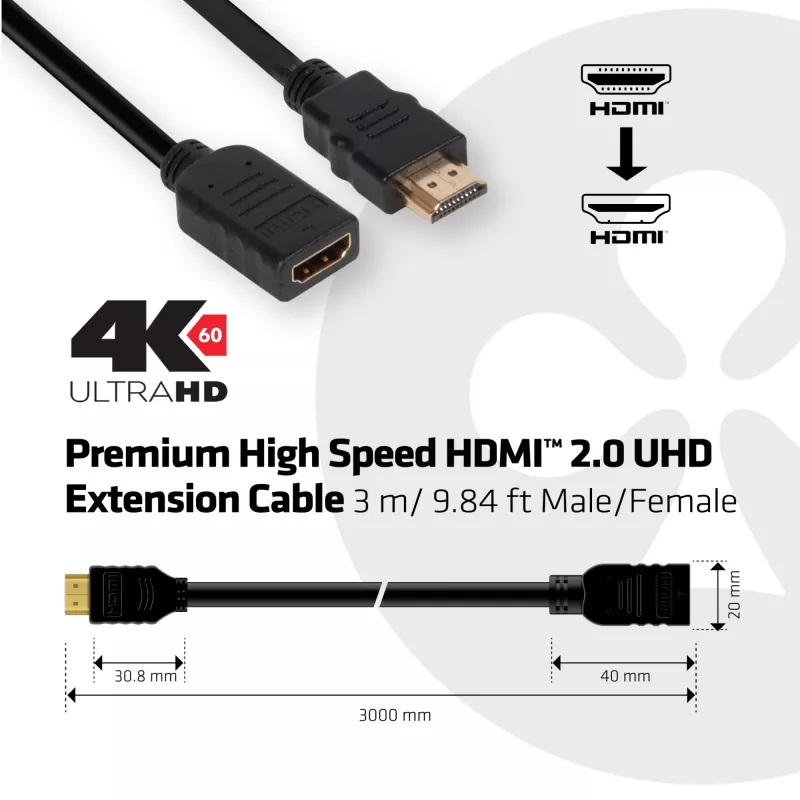 Club 3D CAC-1321 High Speed HDMI 2.0 ilginamasis kabelis, 4K60Hz, kištukas/lizdas, 3 m, juodas