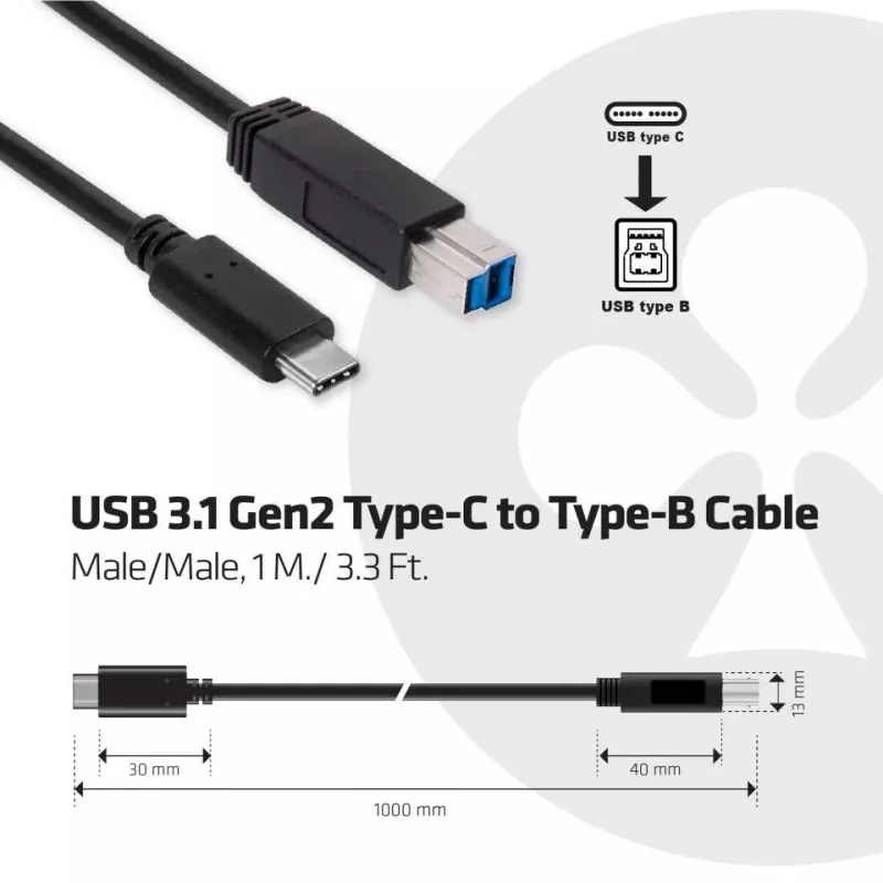 CLUB3D USB 3.1 Gen2 Type-C į Type-B laidas, vyriškas/vyriškas, 1 m / 3,3 pėd.