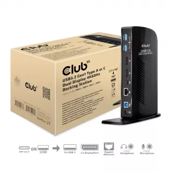CLUB3D USB3.2 Gen1 Type A arba C dviejų ekranų 4K60Hz dokavimo stotelė DisplayLink® sertifikuota