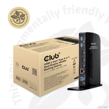 CLUB3D USB3.2 Gen1 Type A arba C dviejų ekranų 4K60Hz dokavimo stotelė DisplayLink® sertifikuota
