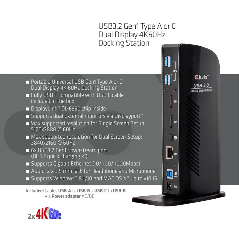 CLUB3D USB3.2 Gen1 Type A arba C dviejų ekranų 4K60Hz dokavimo stotelė DisplayLink® sertifikuota