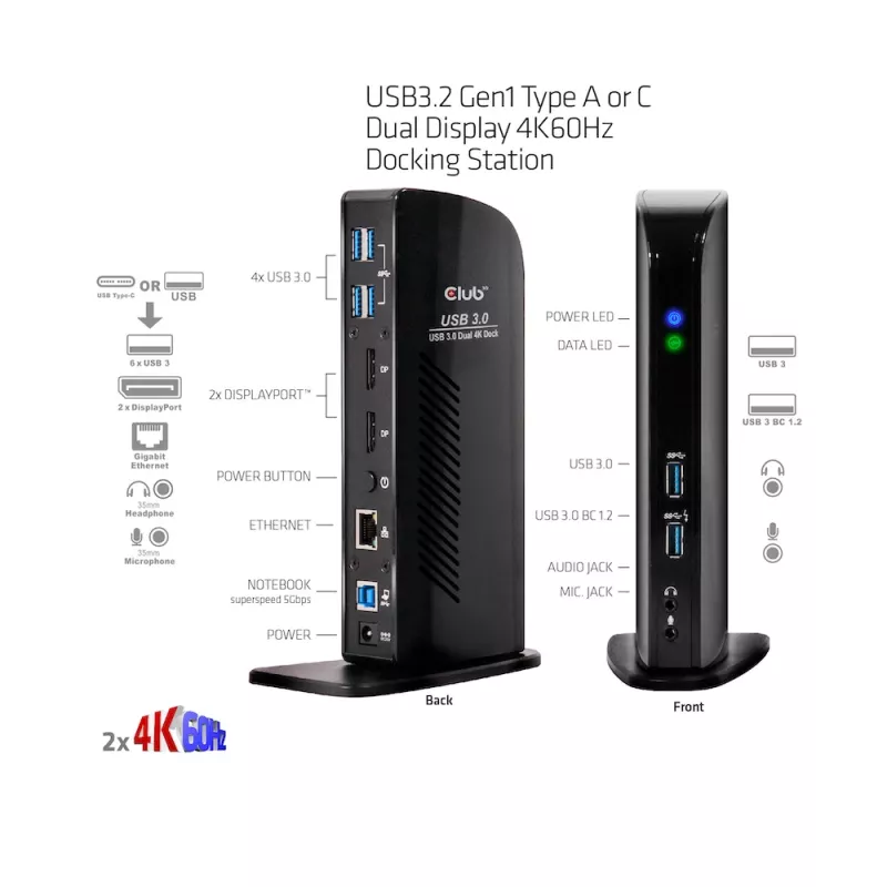 CLUB3D USB3.2 Gen1 Type A arba C dviejų ekranų 4K60Hz dokavimo stotelė DisplayLink® sertifikuota
