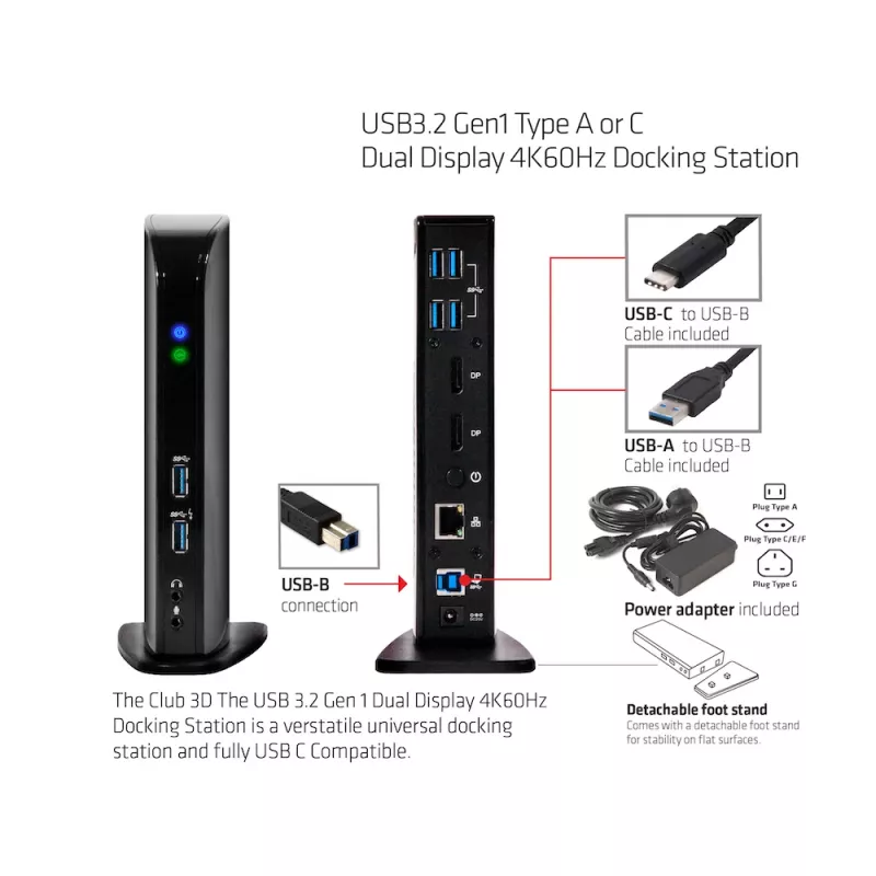 CLUB3D USB3.2 Gen1 Type A arba C dviejų ekranų 4K60Hz dokavimo stotelė DisplayLink® sertifikuota