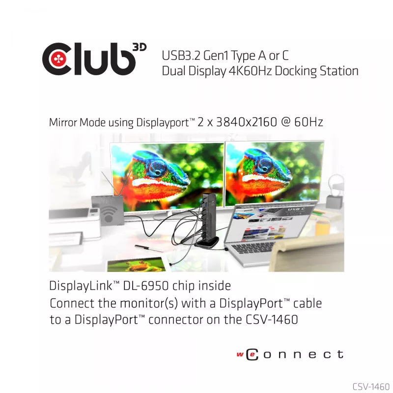 CLUB3D USB3.2 Gen1 Type A arba C dviejų ekranų 4K60Hz dokavimo stotelė DisplayLink® sertifikuota