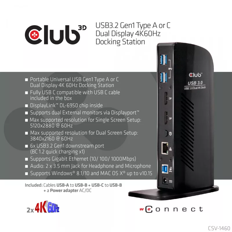 CLUB3D USB3.2 Gen1 Type A arba C dviejų ekranų 4K60Hz dokavimo stotelė DisplayLink® sertifikuota