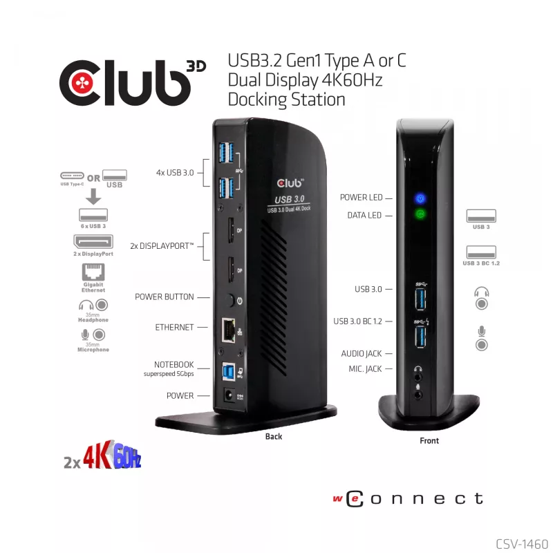 CLUB3D USB3.2 Gen1 Type A arba C dviejų ekranų 4K60Hz dokavimo stotelė DisplayLink® sertifikuota