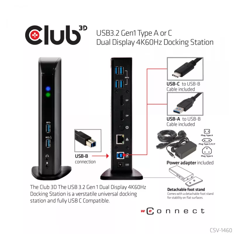 CLUB3D USB3.2 Gen1 Type A arba C dviejų ekranų 4K60Hz dokavimo stotelė DisplayLink® sertifikuota