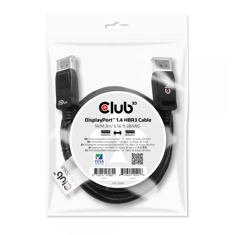 Club 3D CAC-2068 DisplayPort 1.4 laidas, HBR3, 32,4 Gbps, 8K60Hz, M/M, 2 m, juodas
