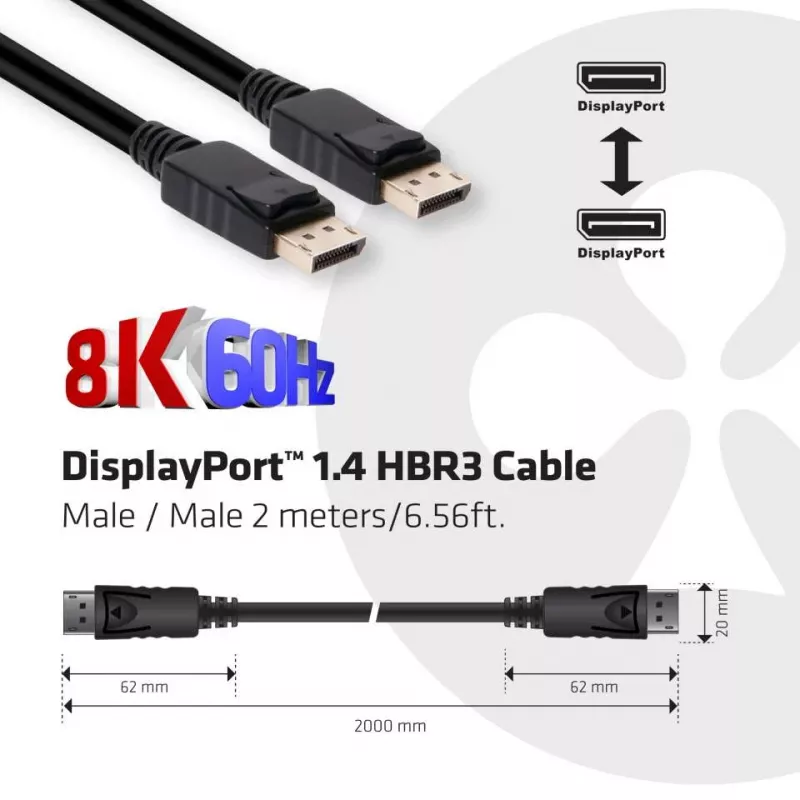 Club 3D CAC-2068 DisplayPort 1.4 laidas, HBR3, 32,4 Gbps, 8K60Hz, M/M, 2 m, juodas