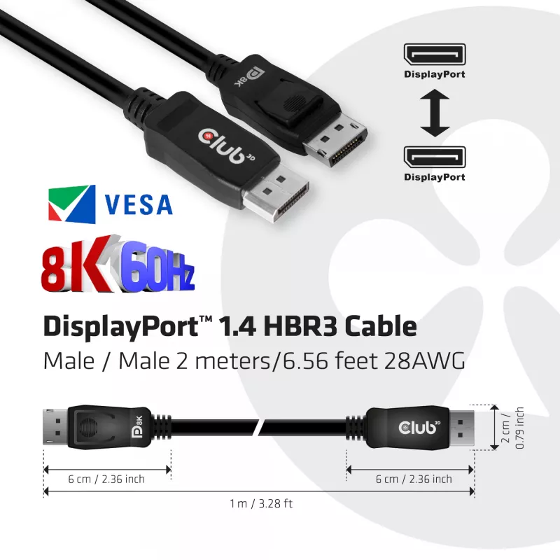 Club 3D CAC-2068 DisplayPort 1.4 laidas, HBR3, 32,4 Gbps, 8K60Hz, M/M, 2 m, juodas