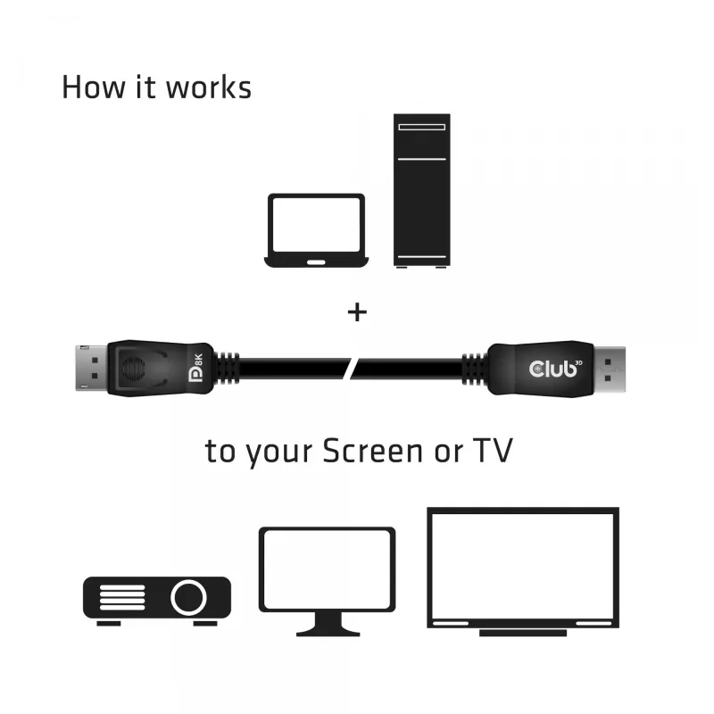 Club 3D CAC-2068 DisplayPort 1.4 laidas, HBR3, 32,4 Gbps, 8K60Hz, M/M, 2 m, juodas