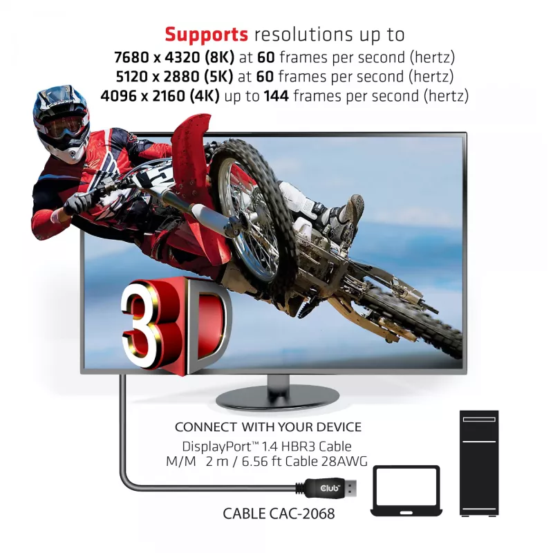 Club 3D CAC-2068 DisplayPort 1.4 laidas, HBR3, 32,4 Gbps, 8K60Hz, M/M, 2 m, juodas