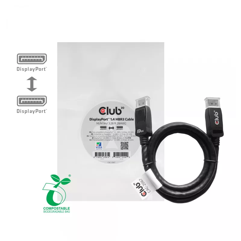 CLUB3D DisplayPort 1.4 HBR3 laidas 1 m / 3,28 pėdų Kištukas/Kištukas 8K60Hz