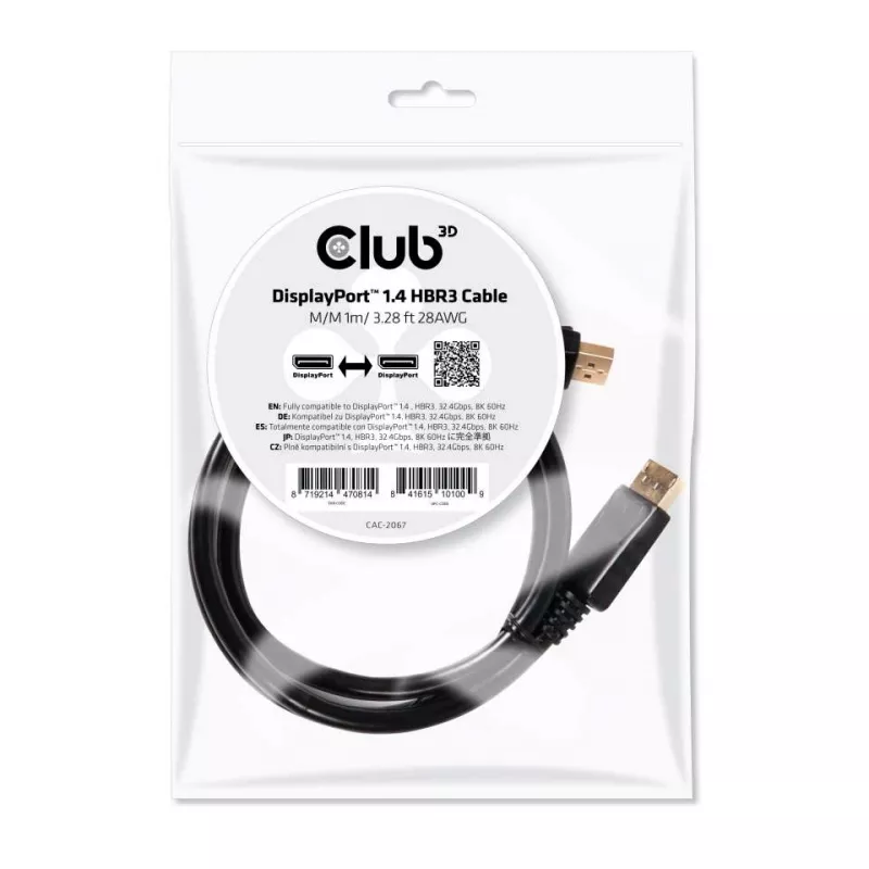CLUB3D DisplayPort 1.4 HBR3 laidas 1 m / 3,28 pėdų Kištukas/Kištukas 8K60Hz