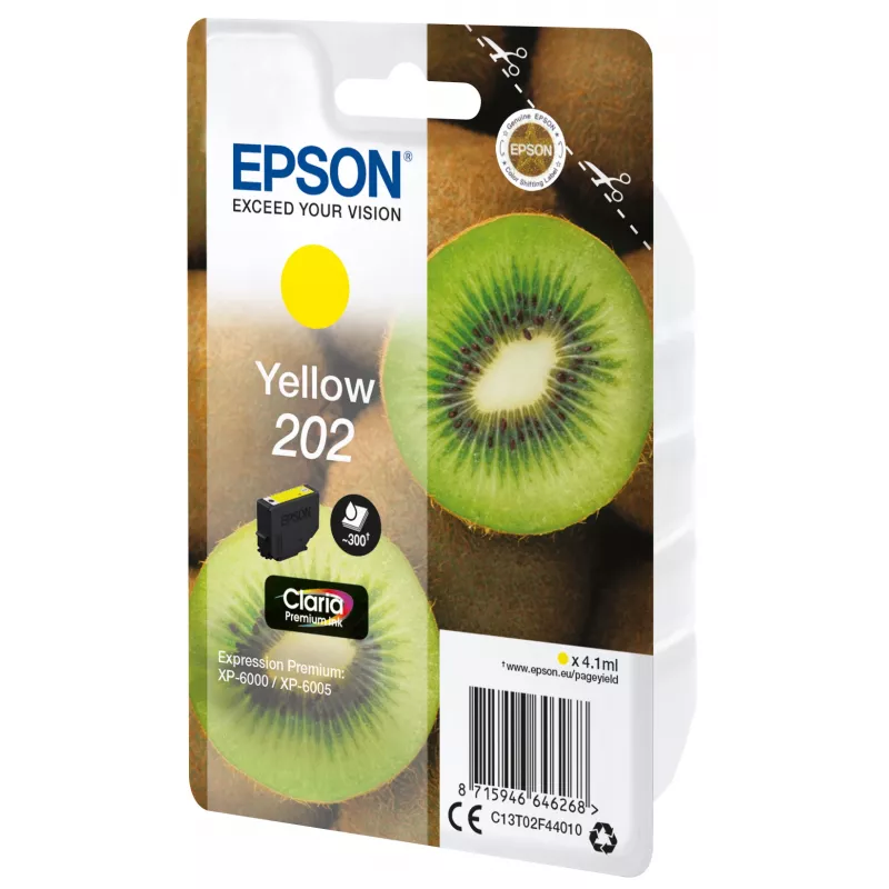 Epson Kiwi Singlepack Yellow 202 Claria Premium rašalas, geltonas, pigmentinis, standartinė talpa, 4,1 ml, 1 vnt., 300 puslapių