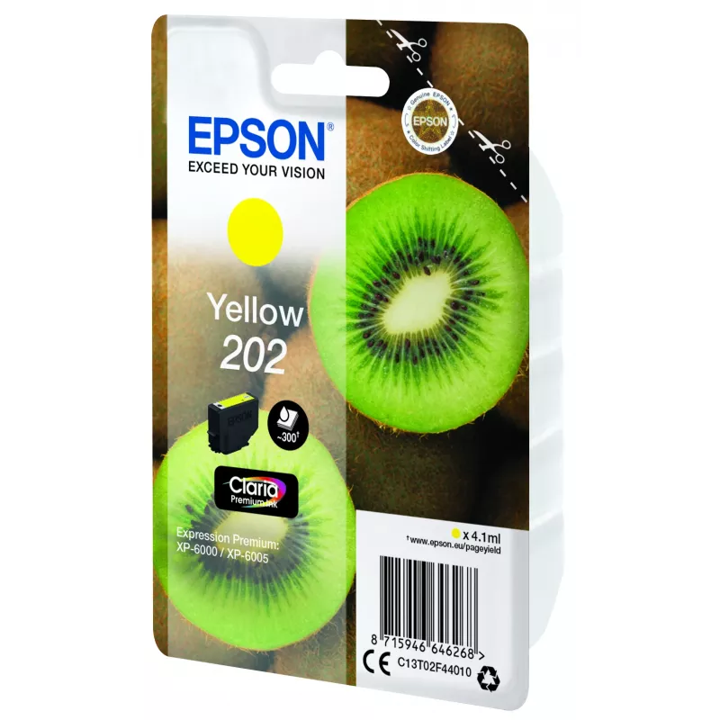 Epson Kiwi Singlepack Yellow 202 Claria Premium rašalas, geltonas, pigmentinis, standartinė talpa, 4,1 ml, 1 vnt., 300 puslapių