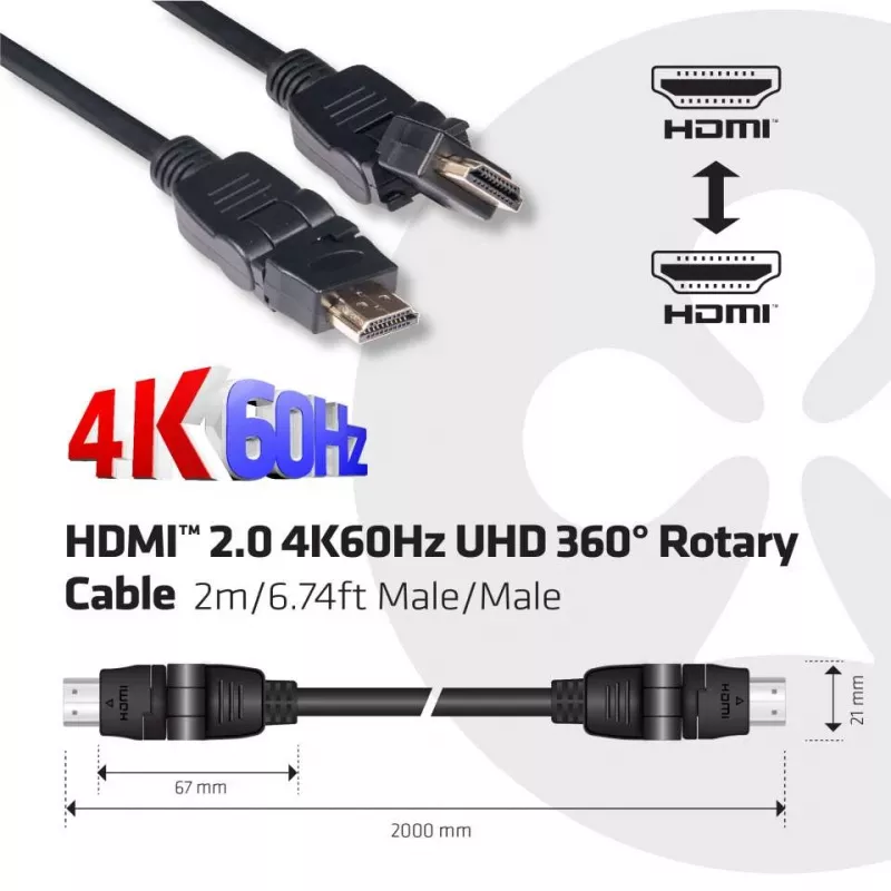 Club 3D CAC-1360 HDMI 2.0 laidas su Ethernet, 360° sukamas, 4K60Hz UHD, M/M, 2 m, juodas