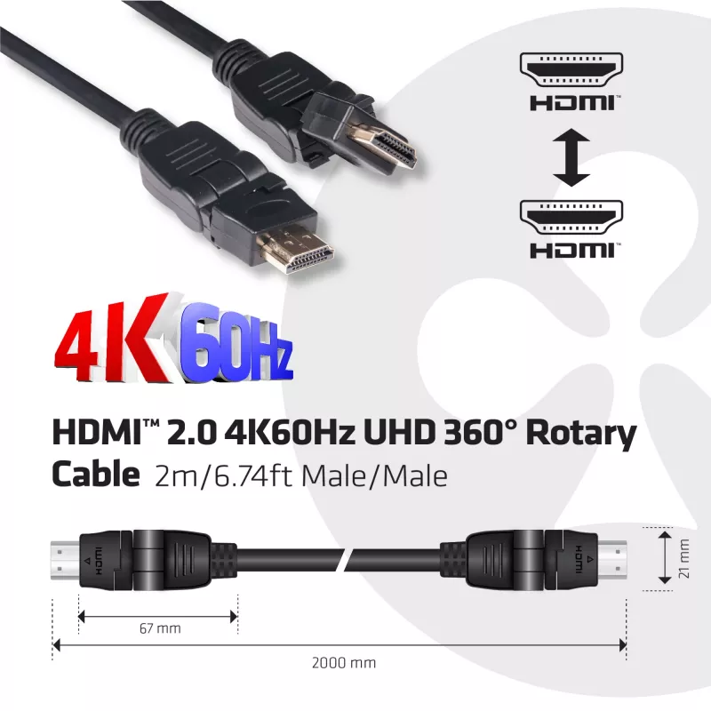 Club 3D CAC-1360 HDMI 2.0 laidas su Ethernet, 360° sukamas, 4K60Hz UHD, M/M, 2 m, juodas