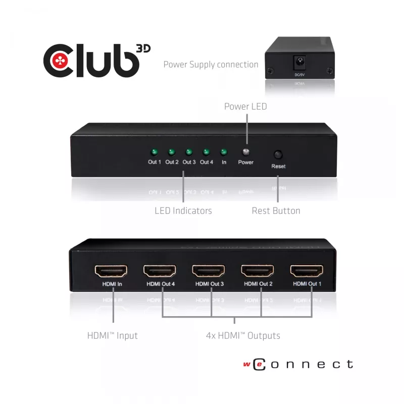CLUB3D HDMI™ 4K@60Hz UHD skirstytuvas su maitinimo adapteriu, 4 prievadai