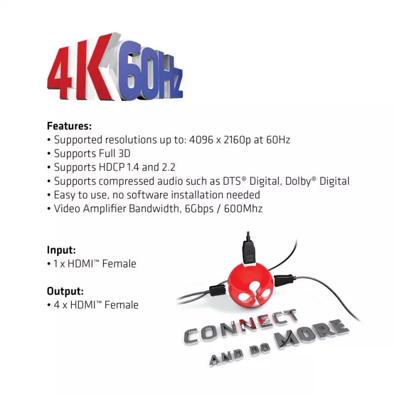 CLUB3D HDMI™ 4K@60Hz UHD skirstytuvas su maitinimo adapteriu, 4 prievadai