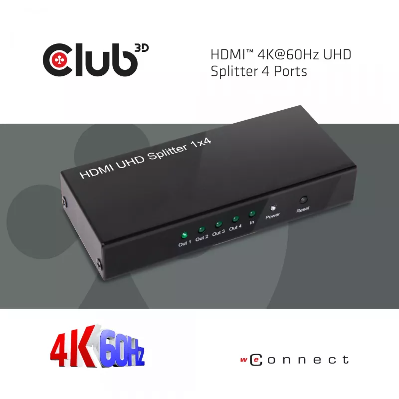 CLUB3D HDMI™ 4K@60Hz UHD skirstytuvas su maitinimo adapteriu, 4 prievadai