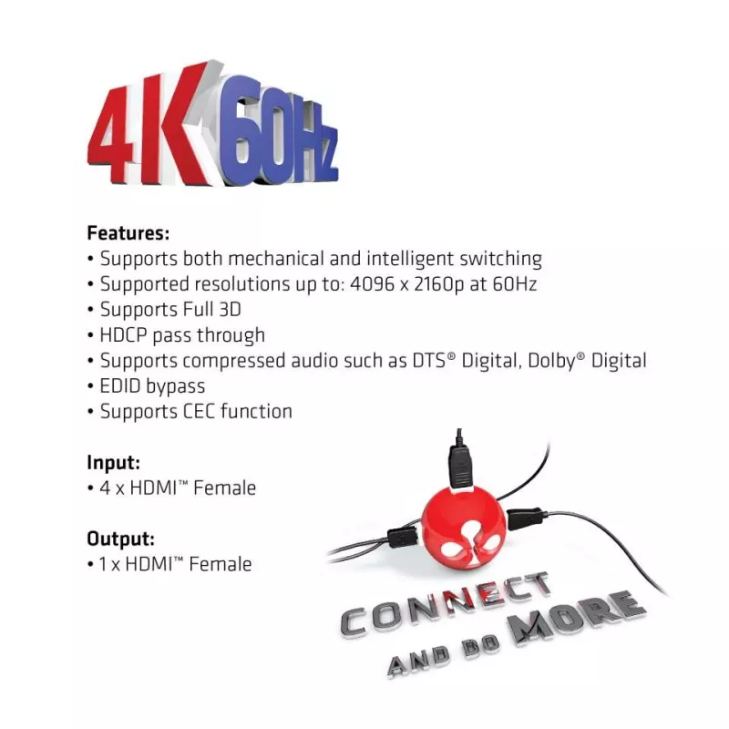 CLUB3D HDMI™ 2.0 UHD 4K60Hz SwitchBox 4 prievadai su IR nuotolinio valdymo pulteliu