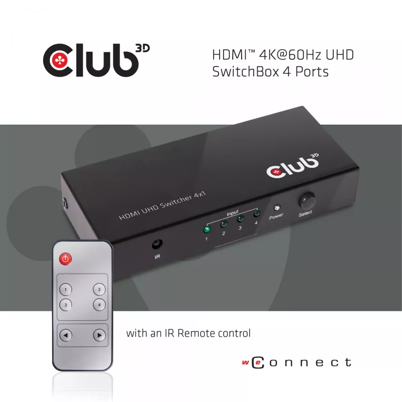 CLUB3D HDMI™ 2.0 UHD 4K60Hz SwitchBox 4 prievadai su IR nuotolinio valdymo pulteliu