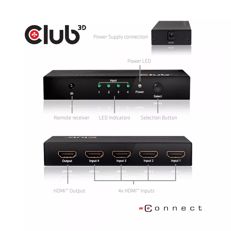 CLUB3D HDMI™ 2.0 UHD 4K60Hz SwitchBox 4 prievadai su IR nuotolinio valdymo pulteliu