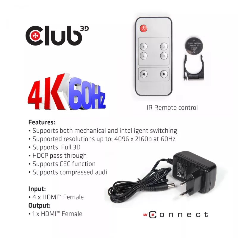 CLUB3D HDMI™ 2.0 UHD 4K60Hz SwitchBox 4 prievadai su IR nuotolinio valdymo pulteliu