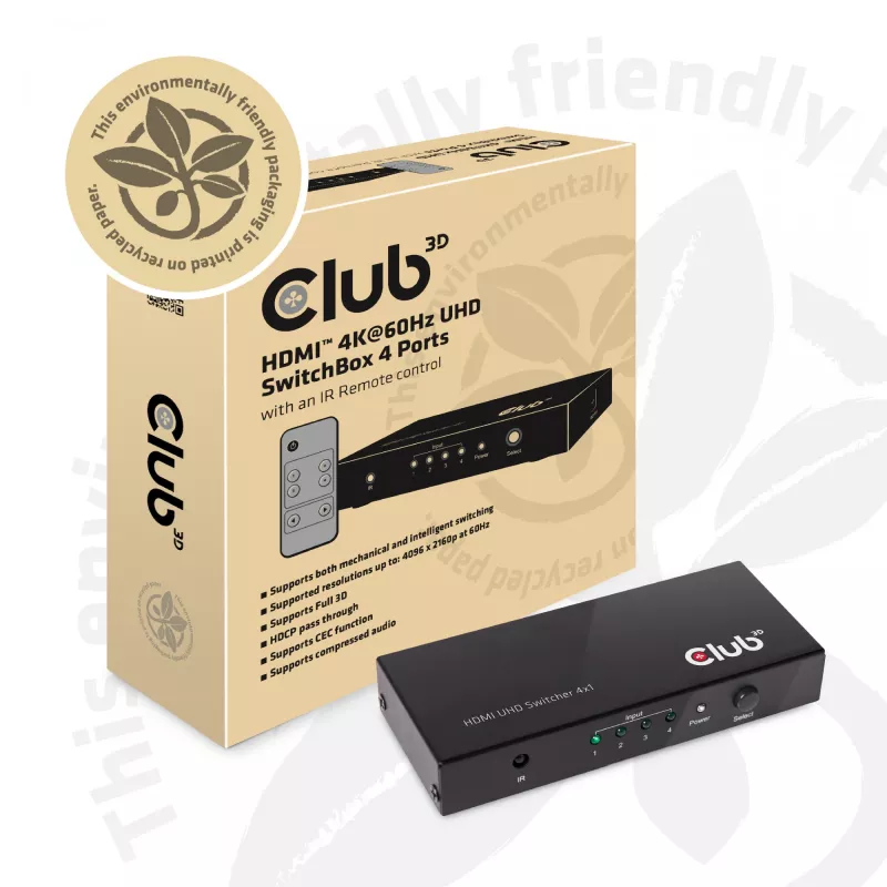 CLUB3D HDMI™ 2.0 UHD 4K60Hz SwitchBox 4 prievadai su IR nuotolinio valdymo pulteliu